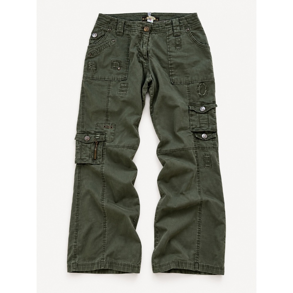 Vintage MXM Olive Green Cargo Pants Y2K Utility Wide Leg Bootcut Streetwear 34